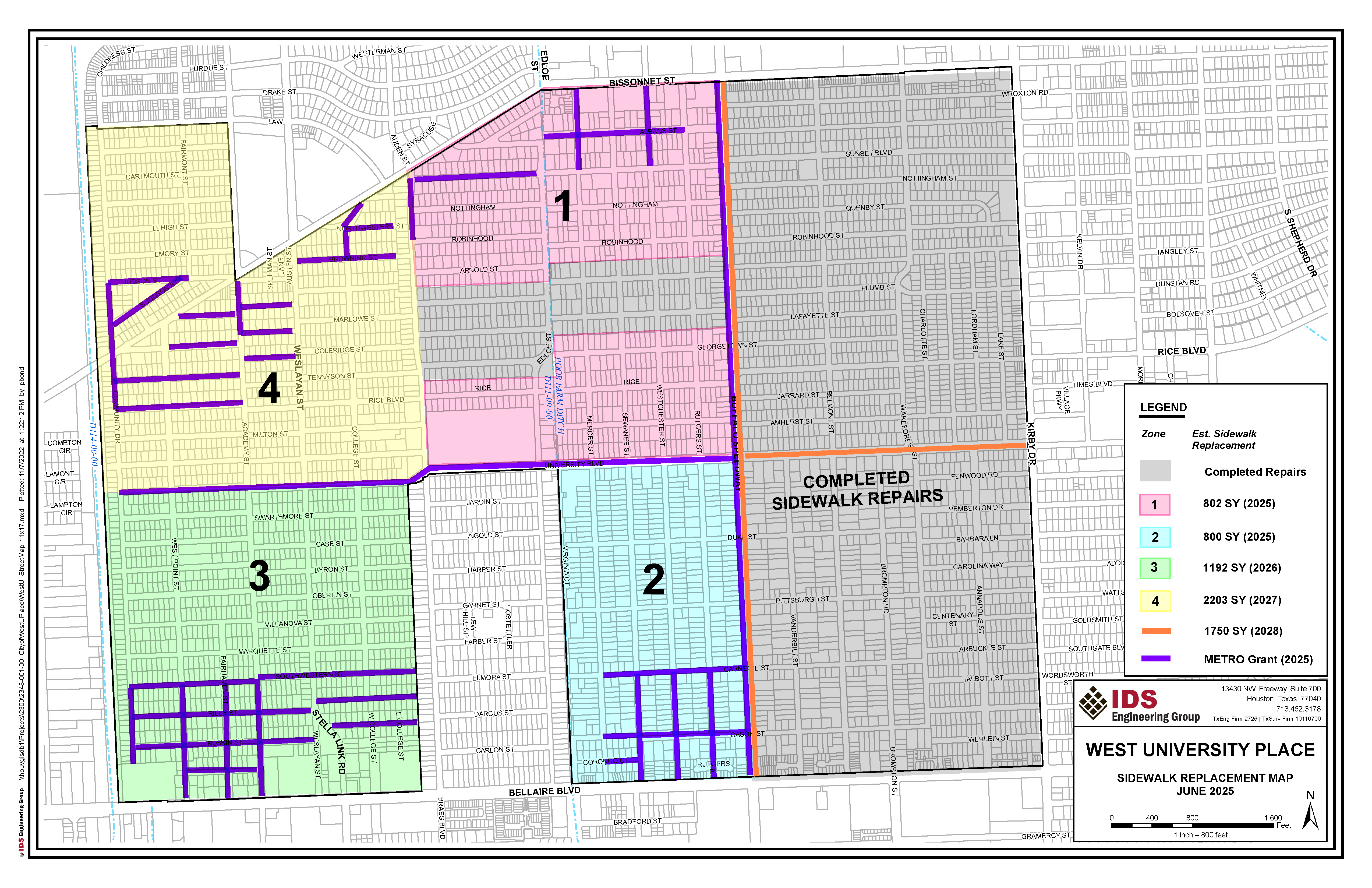 2025 Sidewalk Repair Map. Future repair areas are color coded by year.